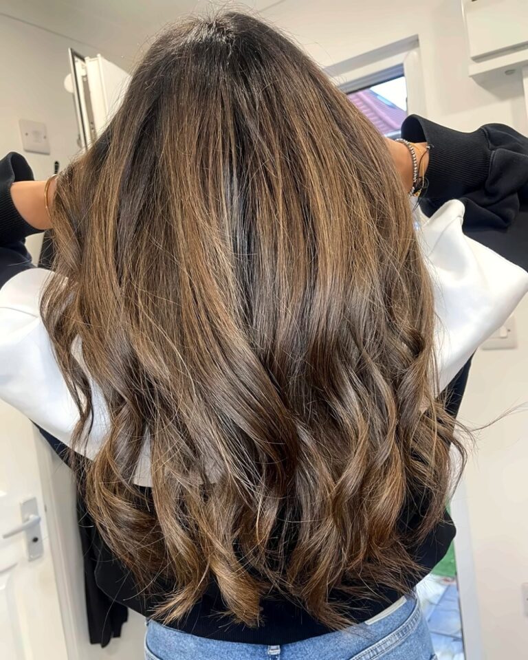 Golden brown balayage with loose curls, Hounslow