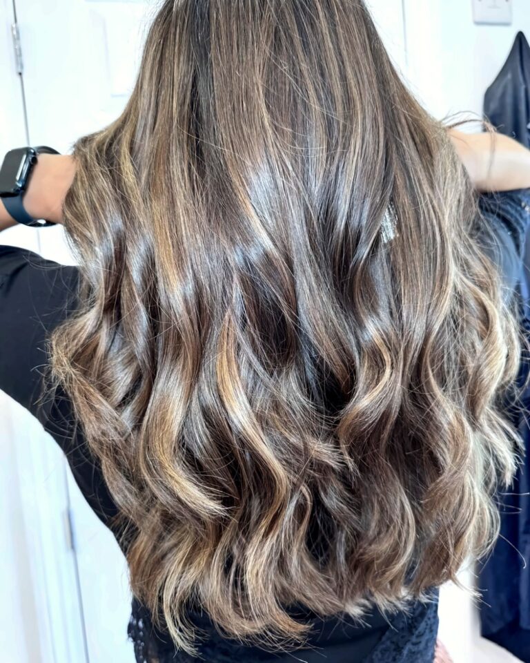 Honey balayage on long wavy hair, West London