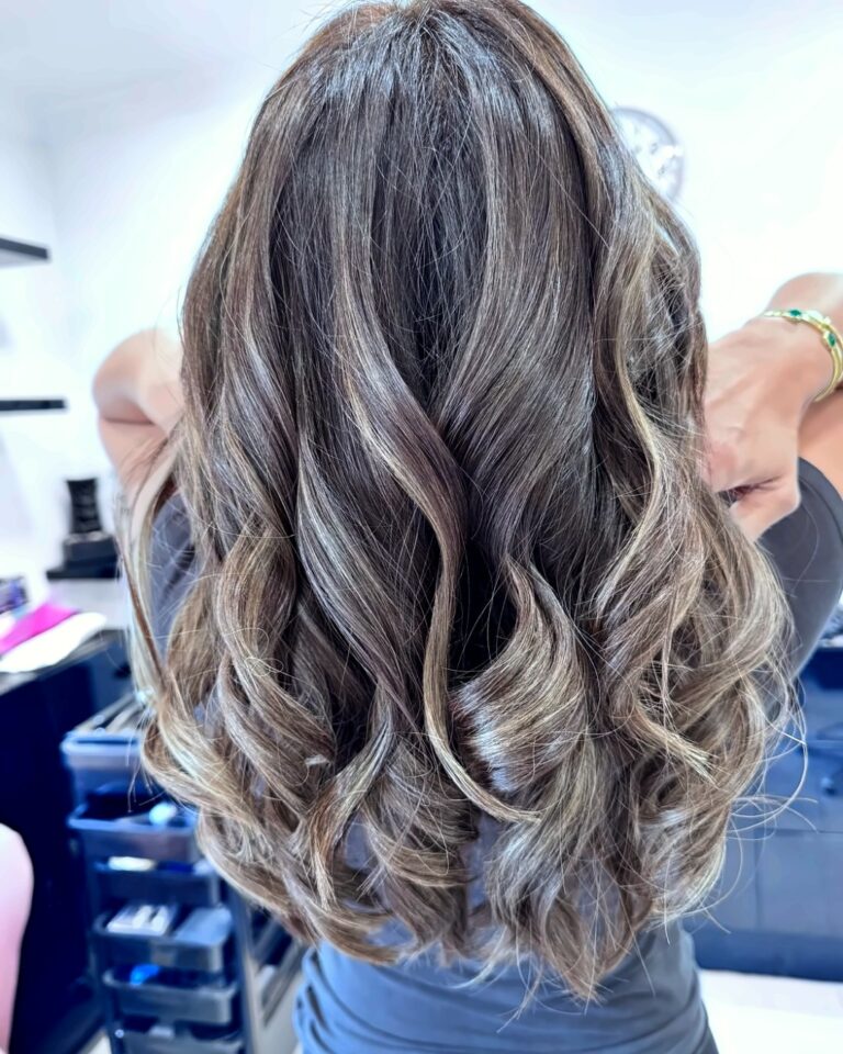 Cool ash balayage with bouncy curls, West London