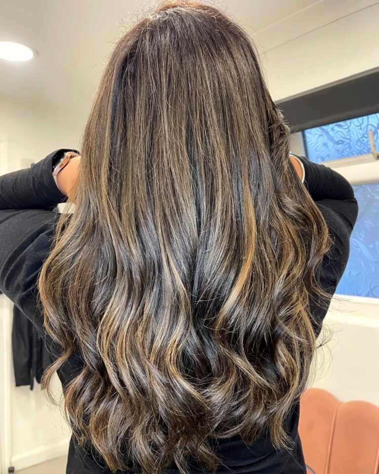 Caramel balayage on long dark hair, Hounslow